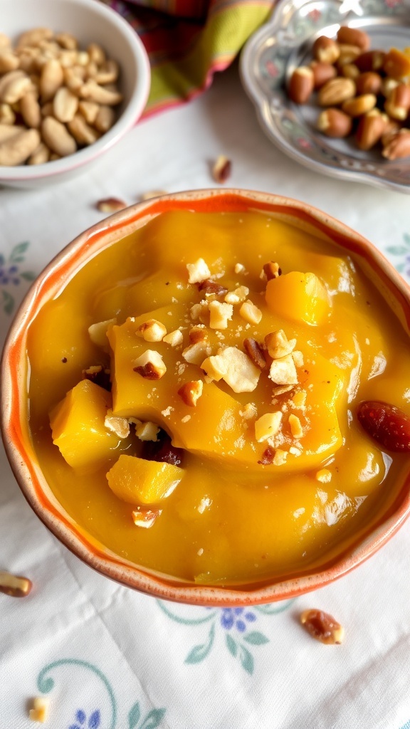 Bread Ka Halwa Recipe A bowl of Bread Ka Halwa garnished with nuts and raisins, served on a traditional Indian table.